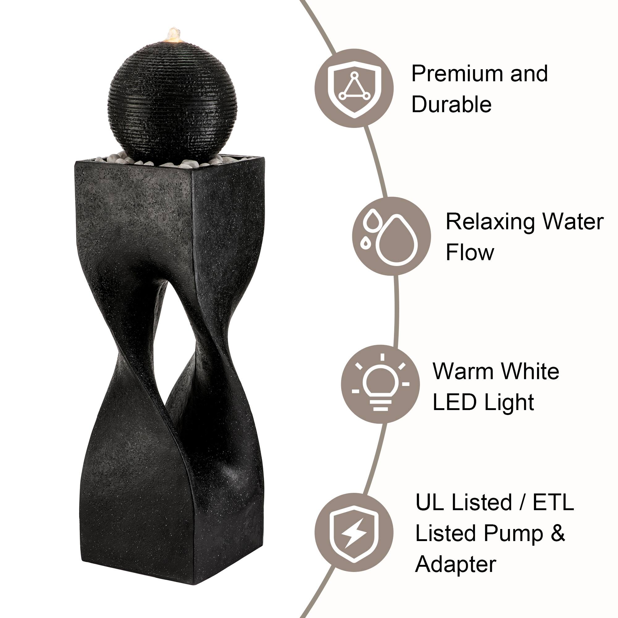 Glitzhome® 40.5" Oversized LED Modern Geometric Pedestal & Sphere Outdoor Fountain